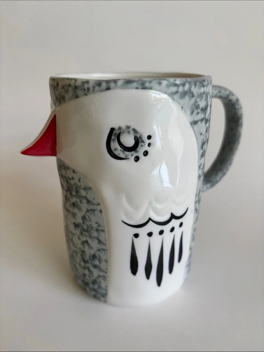 Anthropologie Speckled Gray and White Bird Mug Cup With Red Beak Hand Painted